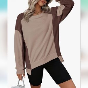 DOKOTOO | Women's Brown/Tan Waffle Knit Long Sleeved Oversized Colorblock Top